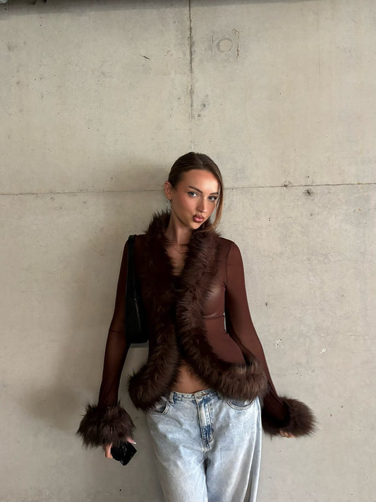 KAYLIVA - Faux Fur Sheer Top